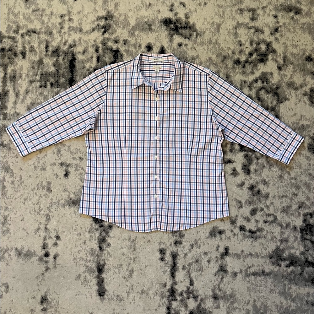 L.L. Bean Wrinkle Free Plaid Shirt XL Blue Pink 100% Cotton